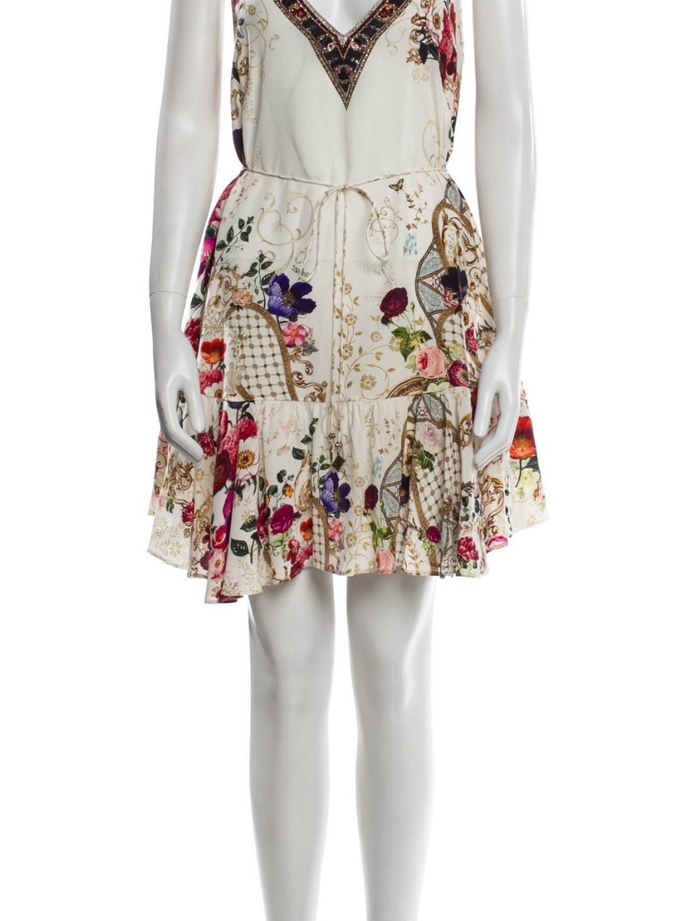 Camilla Cream Floral Tie-Waist Tiered Sundress 100% silk